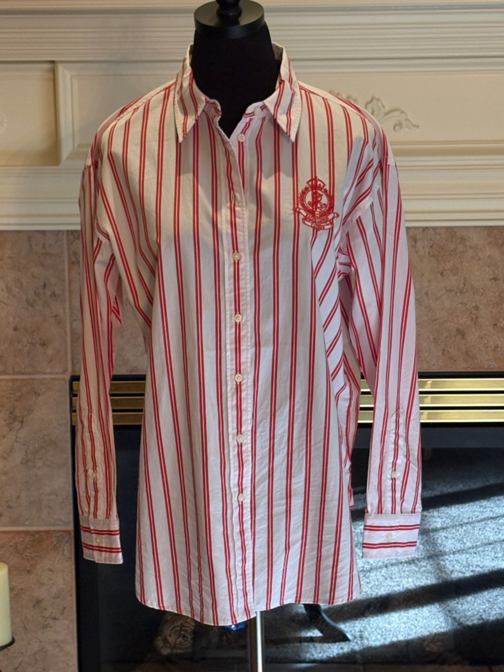 LAUREN RALPH LAUREN Relaxed Fit Striped Broadcloth Shirt White & Red Sz M - Picture 2 of 9